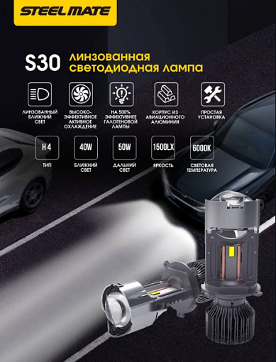 STEEL MATE H4MINI Светодиодная линзованная лампа 40W ближн.свет/50W дальний свет 6000K