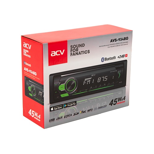 Магнитола USB,SD,AUX 24В с Bluetooth, зеленая подсветка ACV AVS-934BG