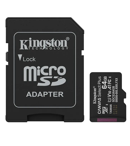 Карта памяти MicroSD 64Gb 10 Class Kingston Canvas Select Plus A1 (100Mb/s) с адаптером
